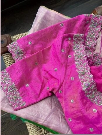 Pink Hand Embroidered Silk Blouse: Zardosi Saree Crop Top