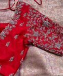Red Silk Hand Embroidered Saree Blouse: Zardosi Maggam Work