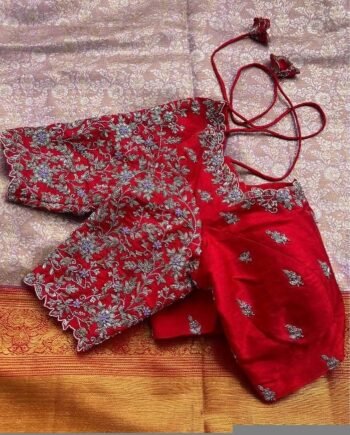 Red Silk Hand Embroidered Saree Blouse: Zardosi Maggam Work
