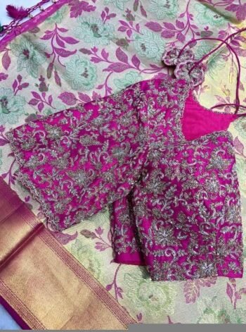 Hand Embroidered Silk Bridal Blouse: Pink Zardosi Wedding Crop Top