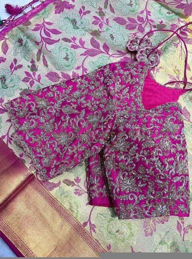 Hand Embroidered Silk Bridal Blouse: Pink Zardosi Wedding Crop Top