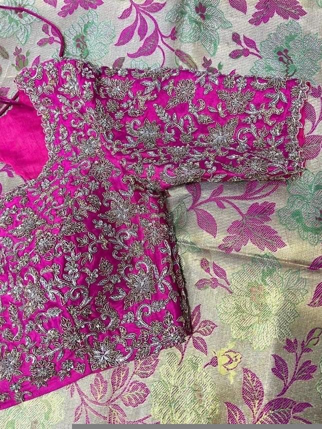 Hand Embroidered Silk Bridal Blouse: Pink Zardosi Wedding Crop Top