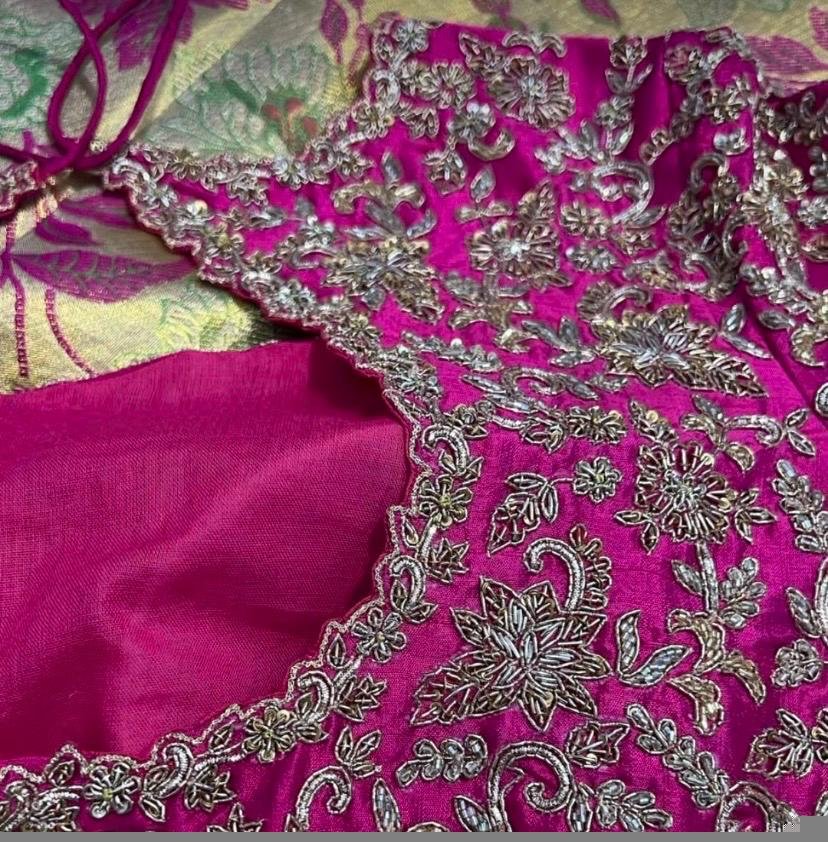 Hand Embroidered Silk Bridal Blouse: Pink Zardosi Wedding Crop Top