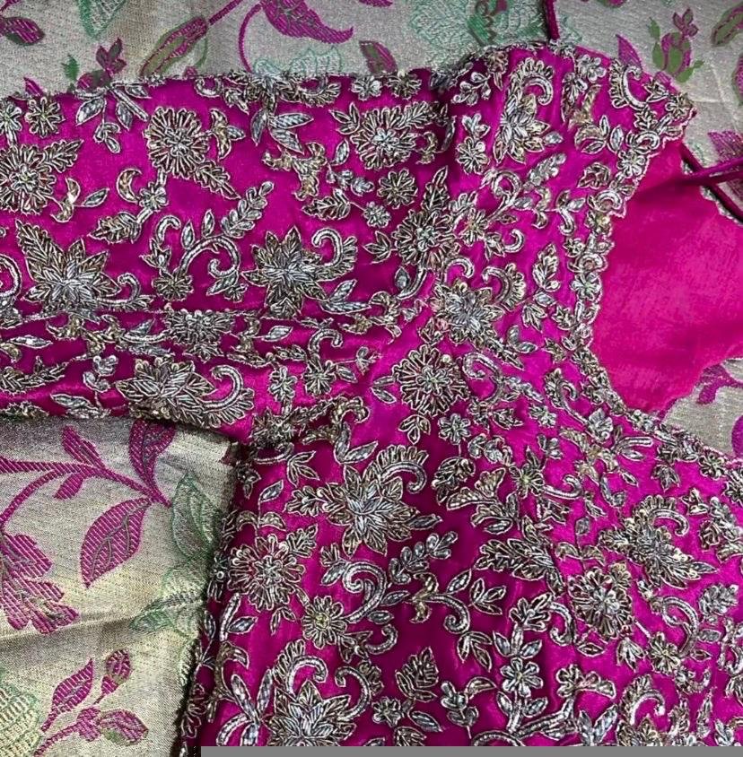 Hand Embroidered Silk Bridal Blouse: Pink Zardosi Wedding Crop Top