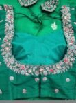 Green Silk Hand Embroidered Saree Blouse: Zardosi Maggam Work
