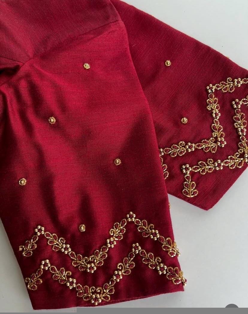 Hand Embroidered Zardosi Silk Blouse: Maroon Red Maggam Work