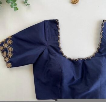 Navy Blue Silk Hand-Embroidered Zardosi Blouse: Maggam Work