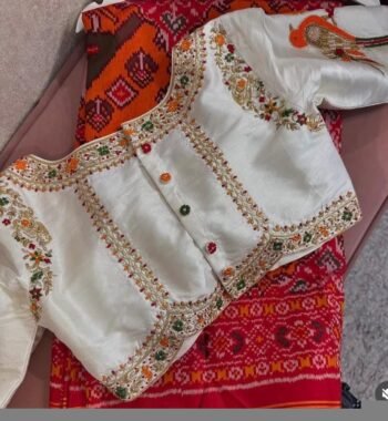 Hand Embroidered Zardosi Silk Blouse: Cream Maggam Work, Multicolor Chand Embroidery