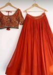 Orange Hand-Embroidered Lehenga Set: Indian Wedding Party Dress