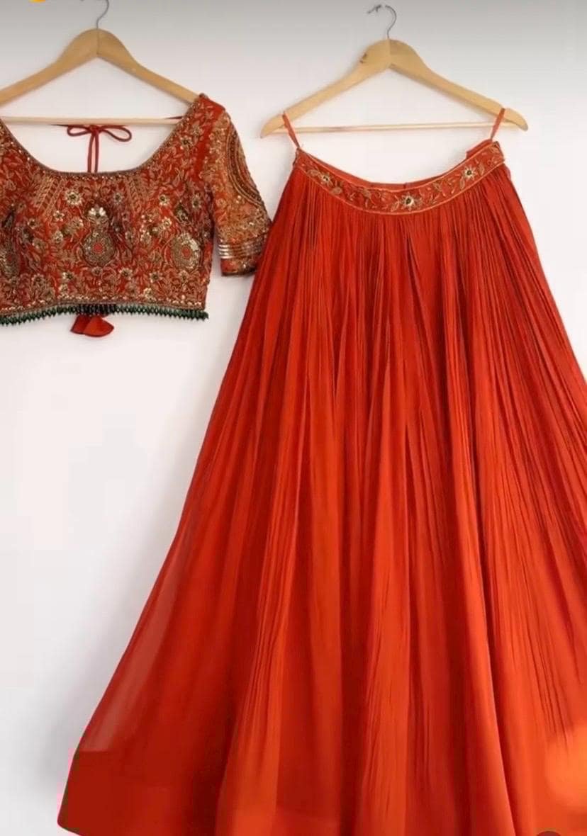 Orange Hand-Embroidered Lehenga Set: Indian Wedding Party Dress