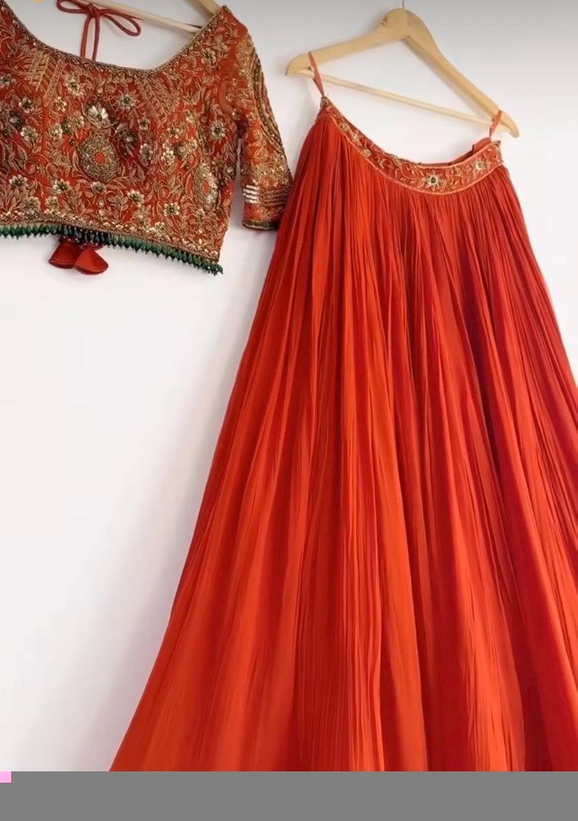 Orange Hand-Embroidered Lehenga Set: Indian Wedding Party Dress