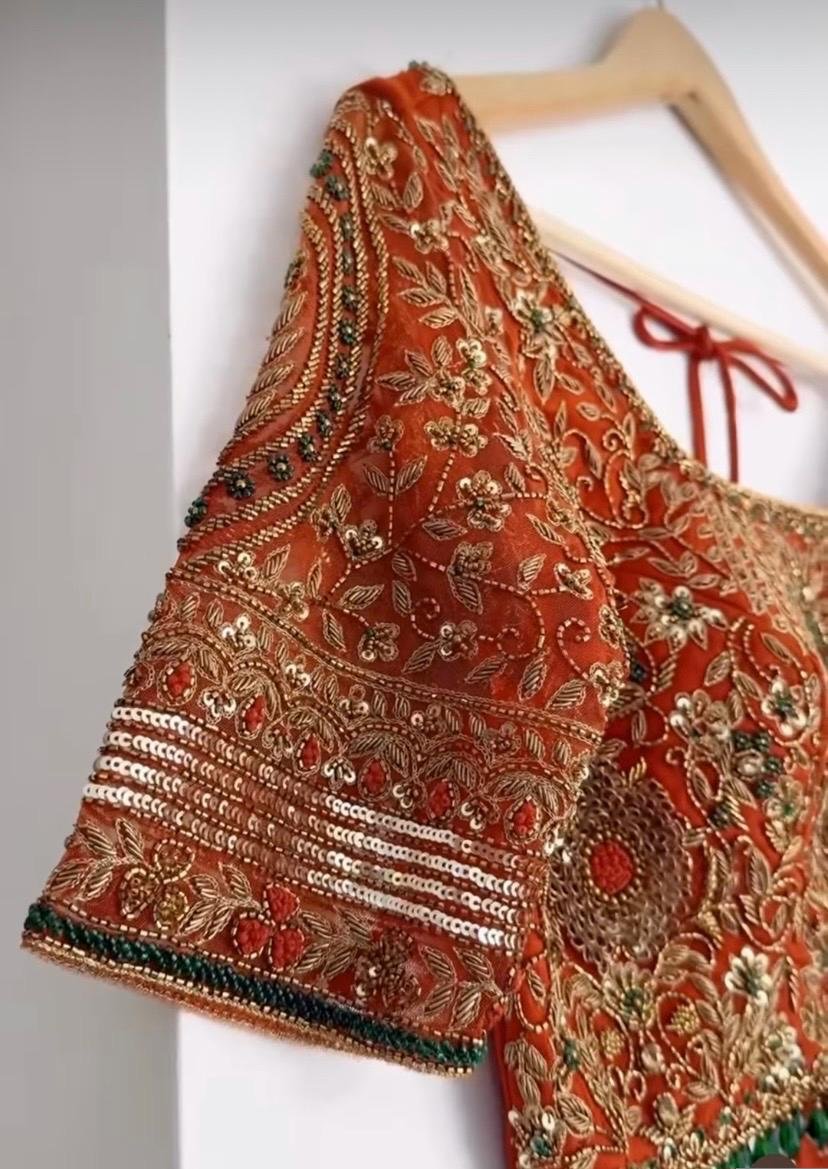 Orange Hand-Embroidered Lehenga Set: Indian Wedding Party Dress