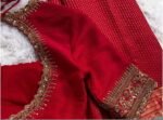 Red Silk Hand Embroidered Zardosi Blouse: Maggam Work, Elbow Sleeves