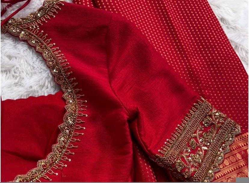 Red Silk Hand Embroidered Zardosi Blouse: Maggam Work, Elbow Sleeves