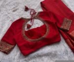 Red Silk Hand Embroidered Zardosi Blouse: Maggam Work, Elbow Sleeves