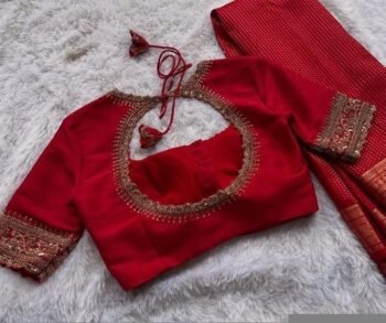 Red Silk Hand Embroidered Zardosi Blouse: Maggam Work, Elbow Sleeves