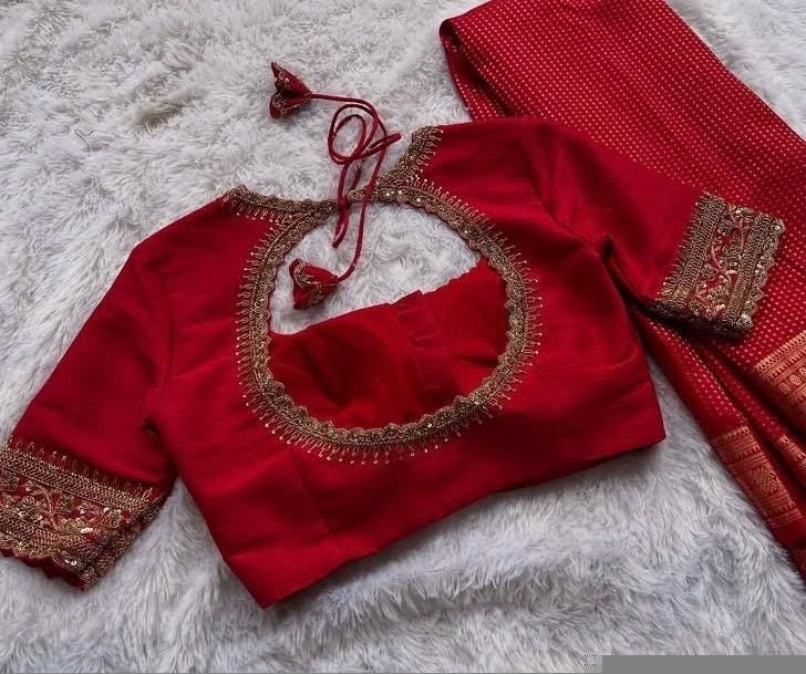 Red Silk Hand Embroidered Zardosi Blouse: Maggam Work, Elbow Sleeves