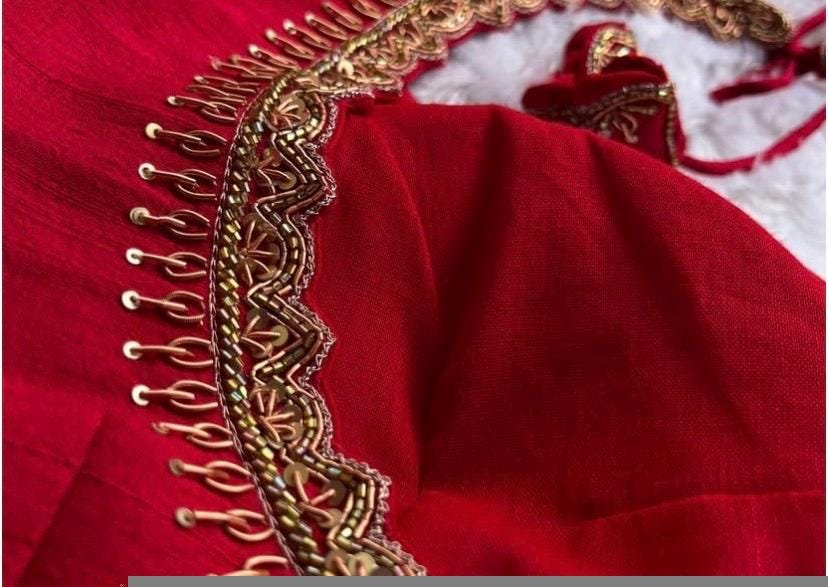 Red Silk Hand Embroidered Zardosi Blouse: Maggam Work, Elbow Sleeves