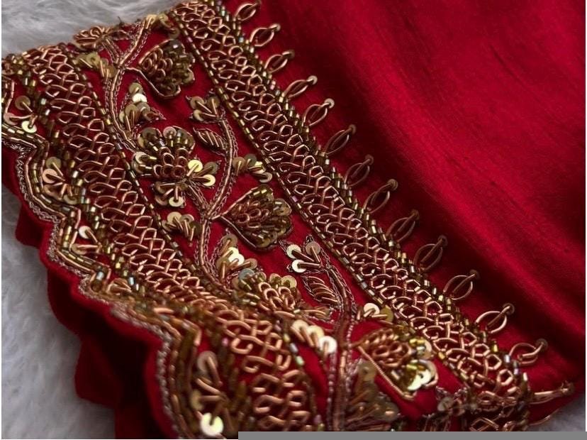 Red Silk Hand Embroidered Zardosi Blouse: Maggam Work, Elbow Sleeves