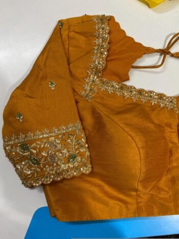 Hand Embroidered Silk Saree Blouse: Orange Zardosi Maggam Work