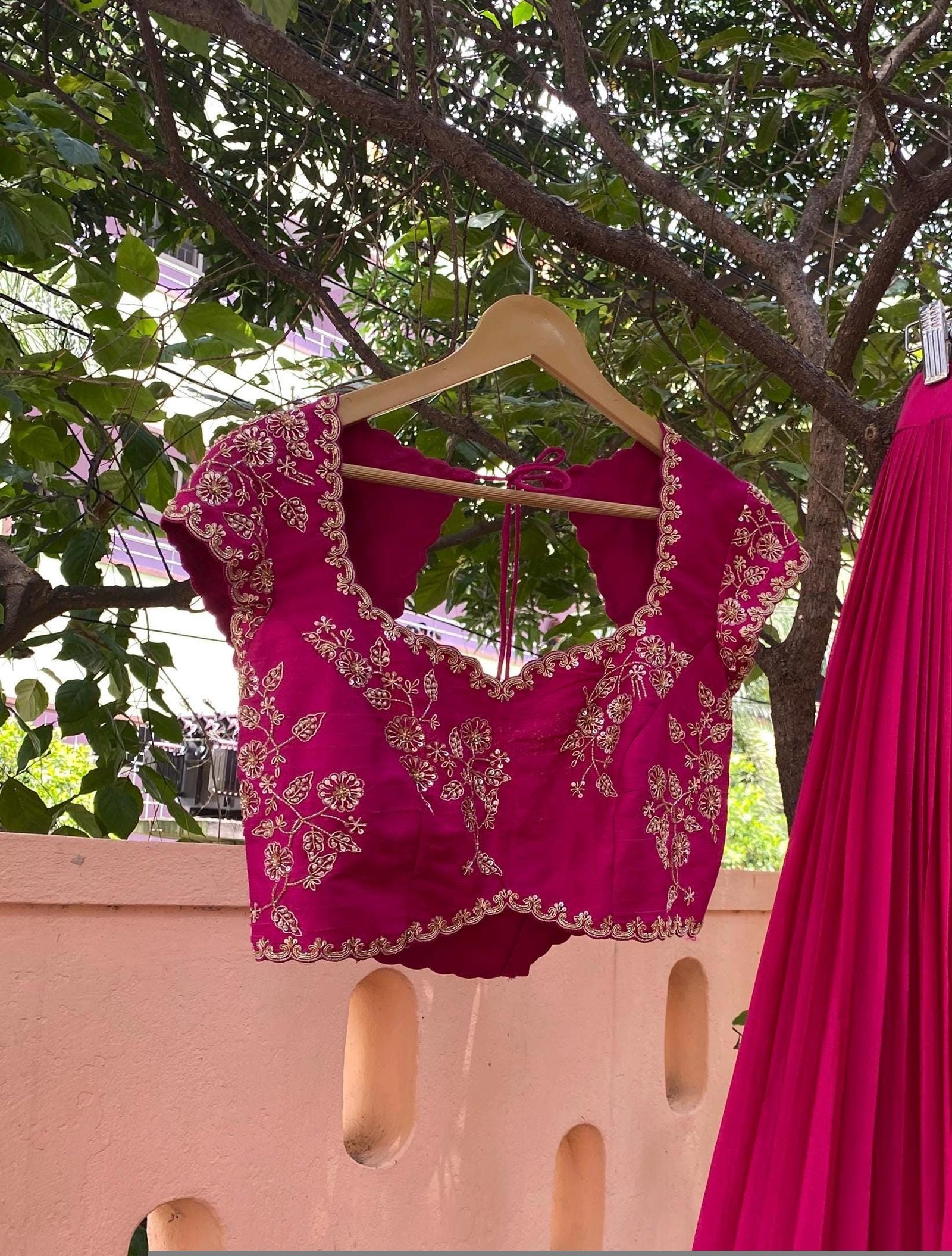 Pink Hand Embroidered Silk Blouse: Zardosi Saree Crop Top