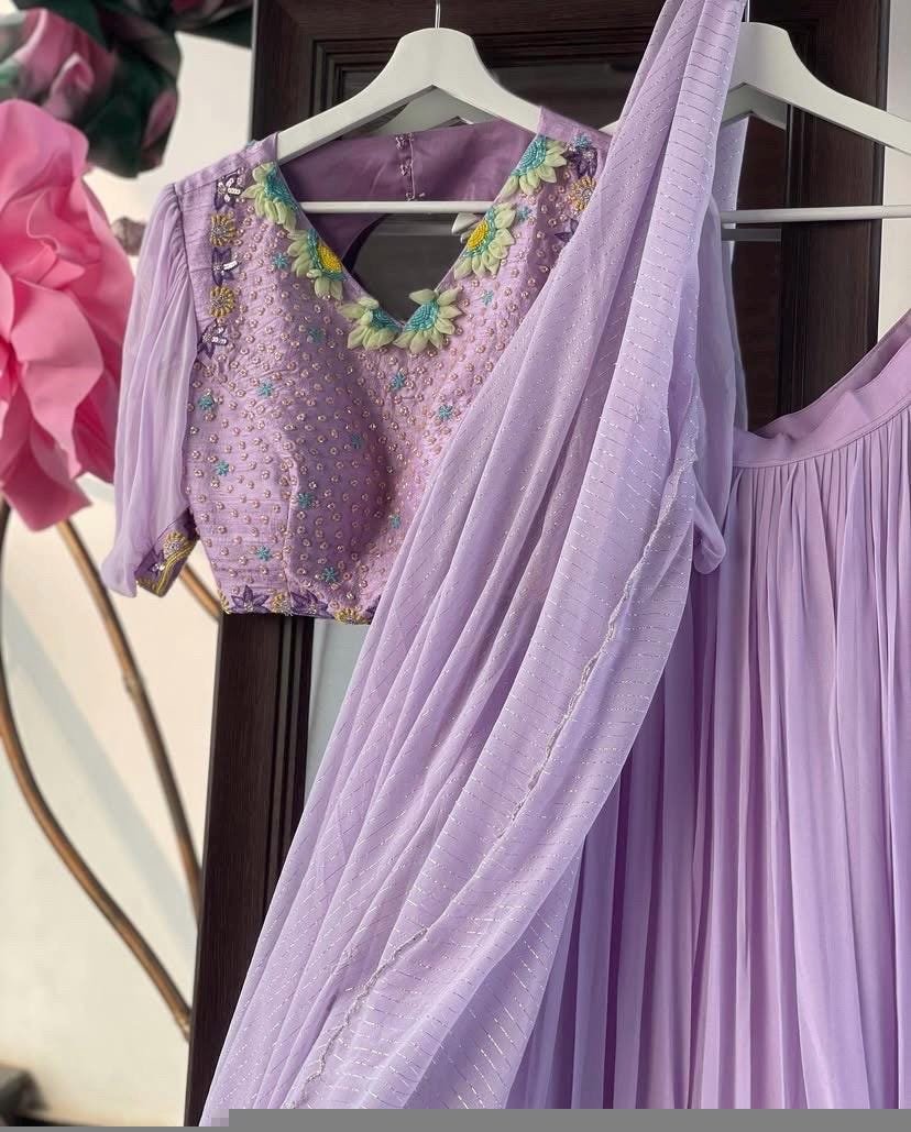 Lavender Silk Lehenga Set: Hand Embroidered Crop Top, Indian Wedding Outfit,lavender lehenga, crop top lehenga,tissue lehenga,crop top skirt