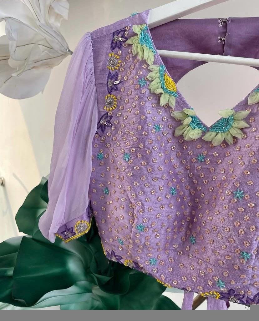 Lavender Silk Lehenga Set: Hand Embroidered Crop Top, Indian Wedding Outfit,lavender lehenga, crop top lehenga,tissue lehenga,crop top skirt