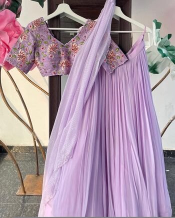 Lavender Lehenga Set: Hand Embroidered Silk Crop Top, Chinon Skirt
