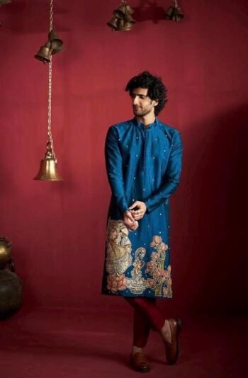Hand-Painted Kalamkari Silk Kurta Set: Indian Groom Wedding Wear