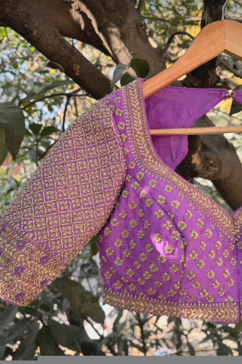 Lavender Silk Bridal Blouse: Hand Embroidered Zardosi Maggam Work lavender blouse,bridal maggam blouse,wedding blouse,saree blouses usa