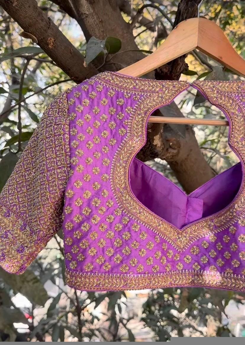 Lavender Silk Bridal Blouse: Hand Embroidered Zardosi Maggam Work lavender blouse,bridal maggam blouse,wedding blouse,saree blouses usa
