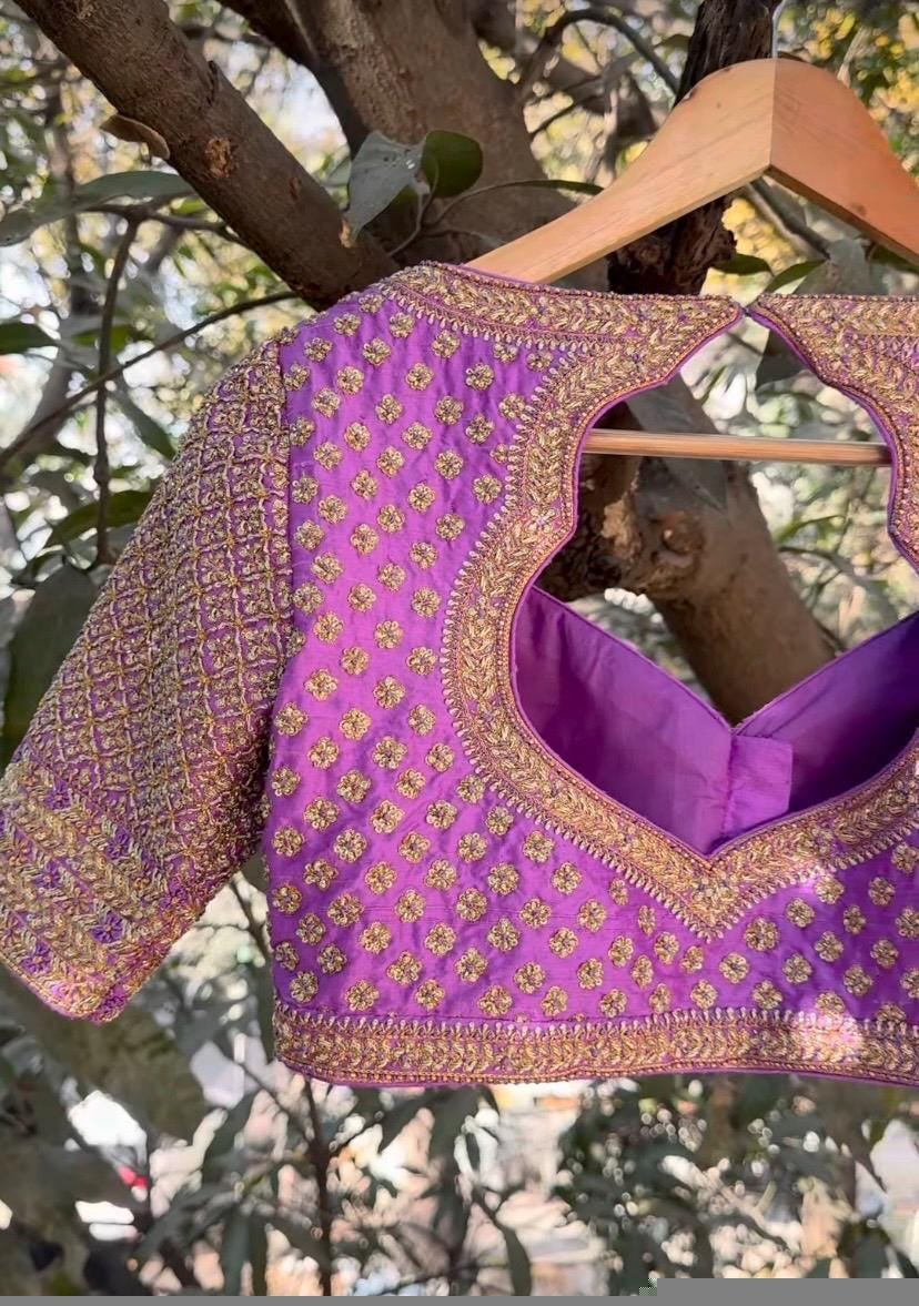 Lavender Silk Bridal Blouse: Hand Embroidered Zardosi Maggam Work lavender blouse,bridal maggam blouse,wedding blouse,saree blouses usa