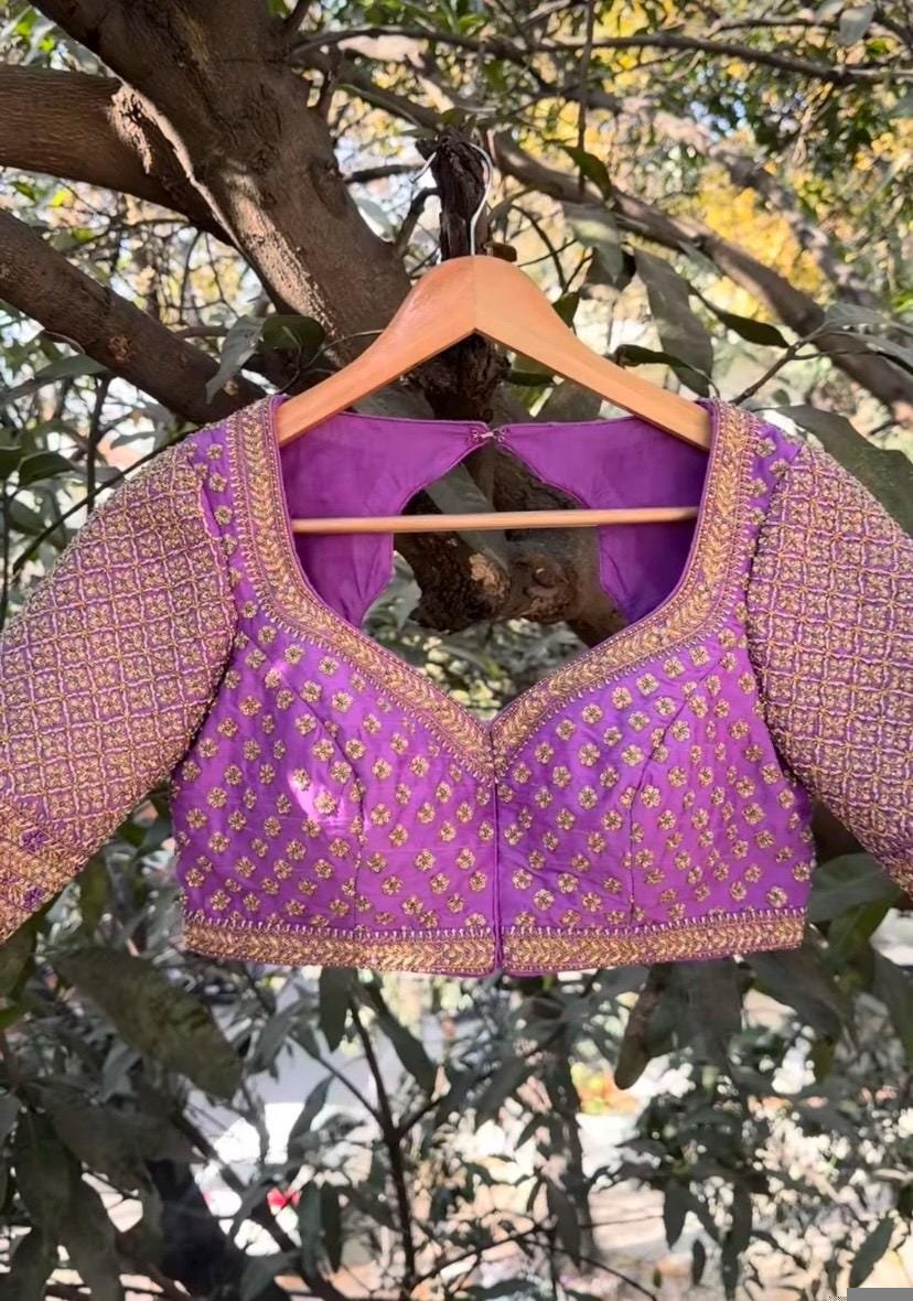 Lavender Silk Bridal Blouse: Hand Embroidered Zardosi Maggam Work lavender blouse,bridal maggam blouse,wedding blouse,saree blouses usa