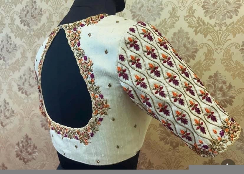 Hand Embroidered Zardosi Silk Blouse: Cream Maggam Work, Elbow Sleeves