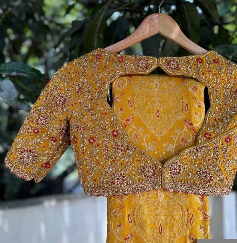 Hand Embroidered Silk Bridal Blouse: Mustard Yellow Zardosi Maggam Work