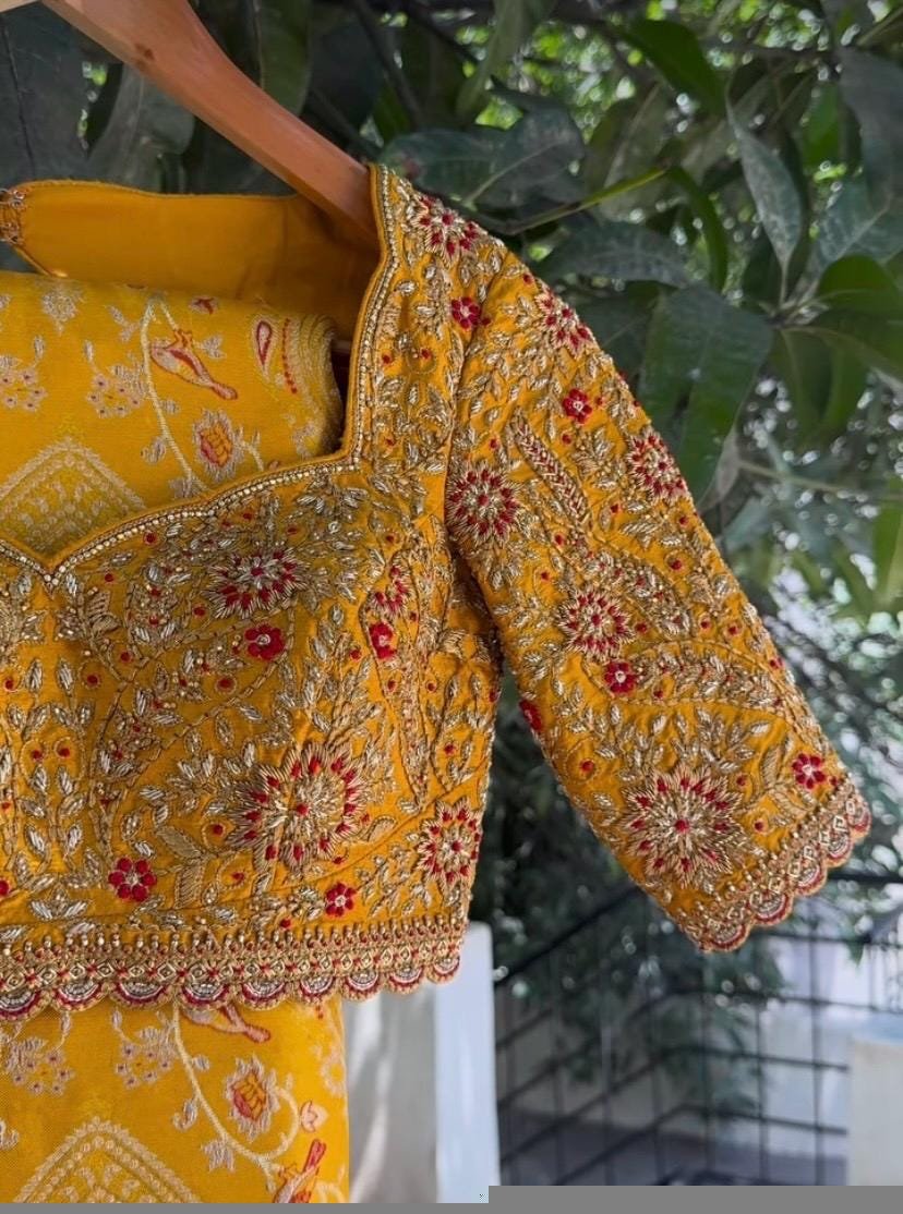 Hand Embroidered Silk Bridal Blouse: Mustard Yellow Zardosi Maggam Work