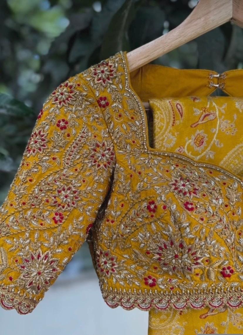 Hand Embroidered Silk Bridal Blouse: Mustard Yellow Zardosi Maggam Work