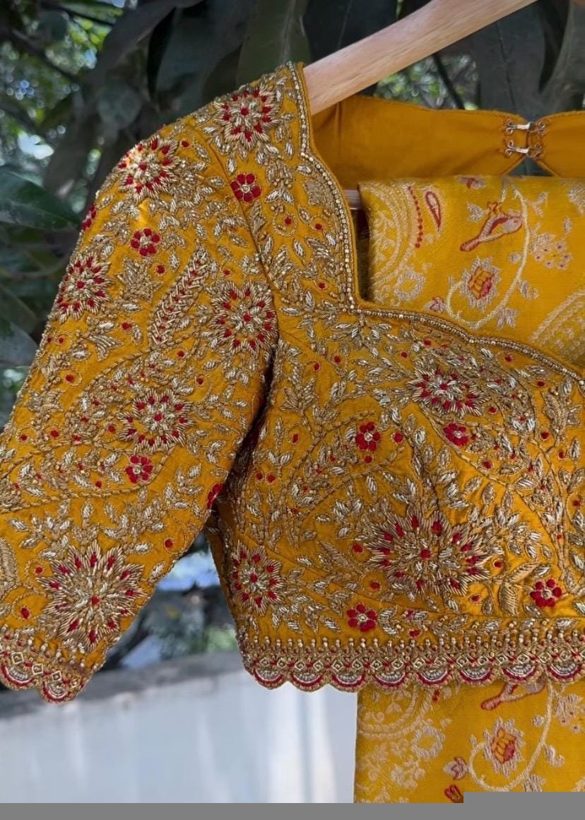 Hand Embroidered Silk Bridal Blouse: Mustard Yellow Zardosi Maggam Work