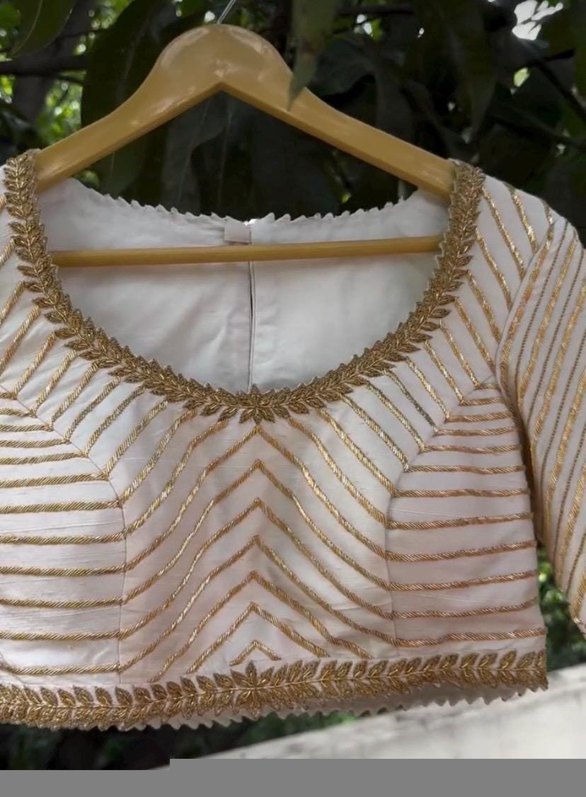 Hand Embroidered Zardosi Silk Blouse: Cream Saree Top