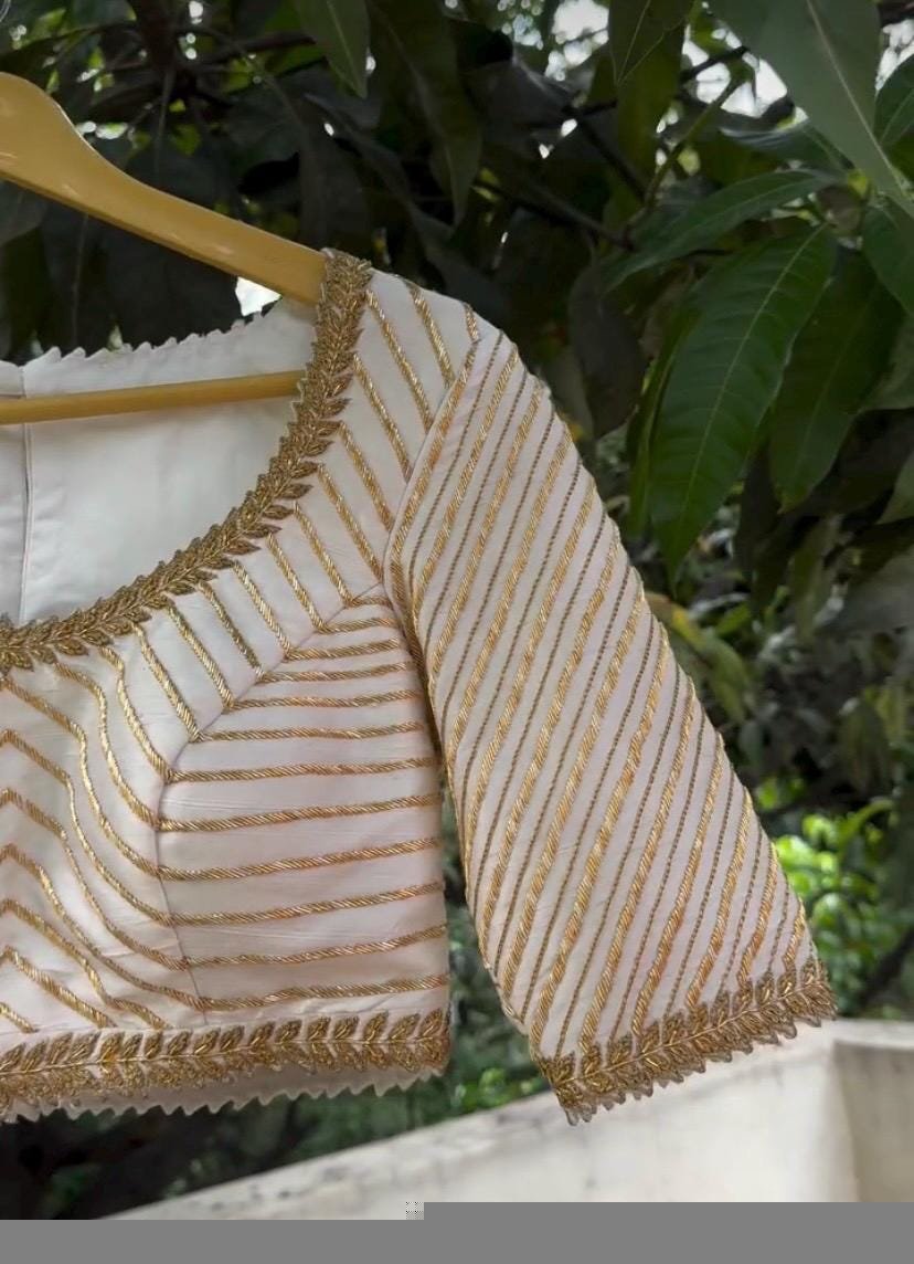 Hand Embroidered Zardosi Silk Blouse: Cream Saree Top