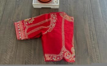 Red Pure Silk Hand-Embroidered Zardosi Blouse - Elbow Sleeve