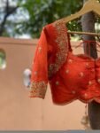 Hand Embroidered Zardosi Silk Blouse: Orange Maggam Work, Size 42