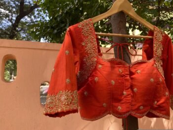 Hand Embroidered Zardosi Silk Blouse: Orange Maggam Work, Size 42