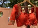 Hand Embroidered Zardosi Silk Blouse: Orange Maggam Work, Size 42