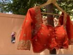 Hand Embroidered Zardosi Silk Blouse: Orange Maggam Work, Size 42