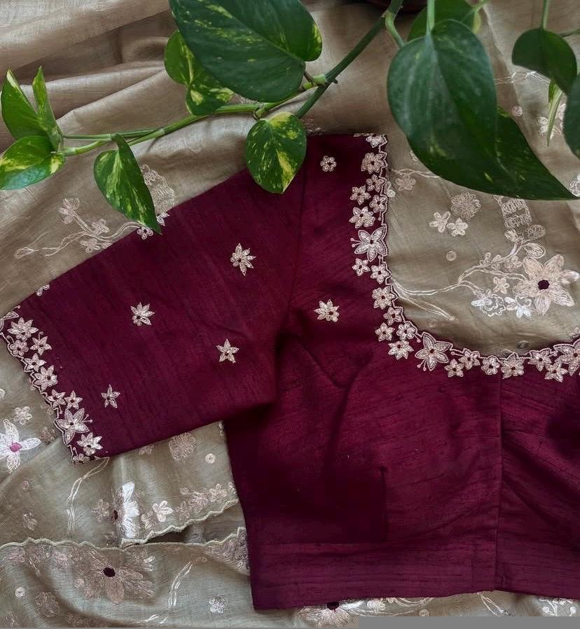 Hand Embroidered Zardosi Silk Blouse: Maroon Red Maggam Saree Blouse