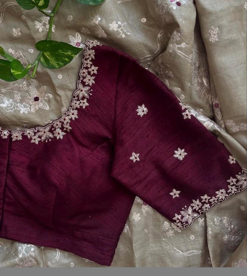 Hand Embroidered Zardosi Silk Blouse: Maroon Red Maggam Saree Blouse