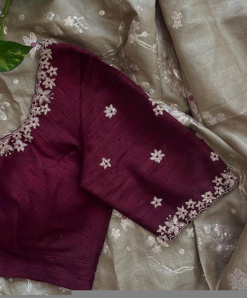 Hand Embroidered Zardosi Silk Blouse: Maroon Red Maggam Saree Blouse