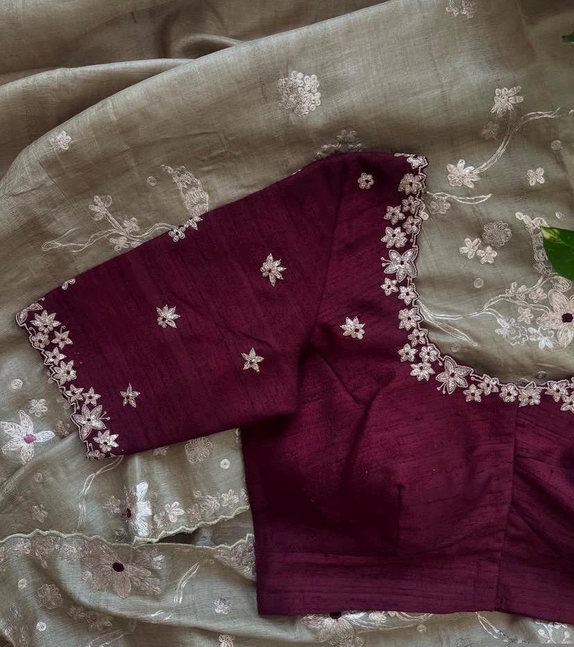 Hand Embroidered Zardosi Silk Blouse: Maroon Red Maggam Saree Blouse