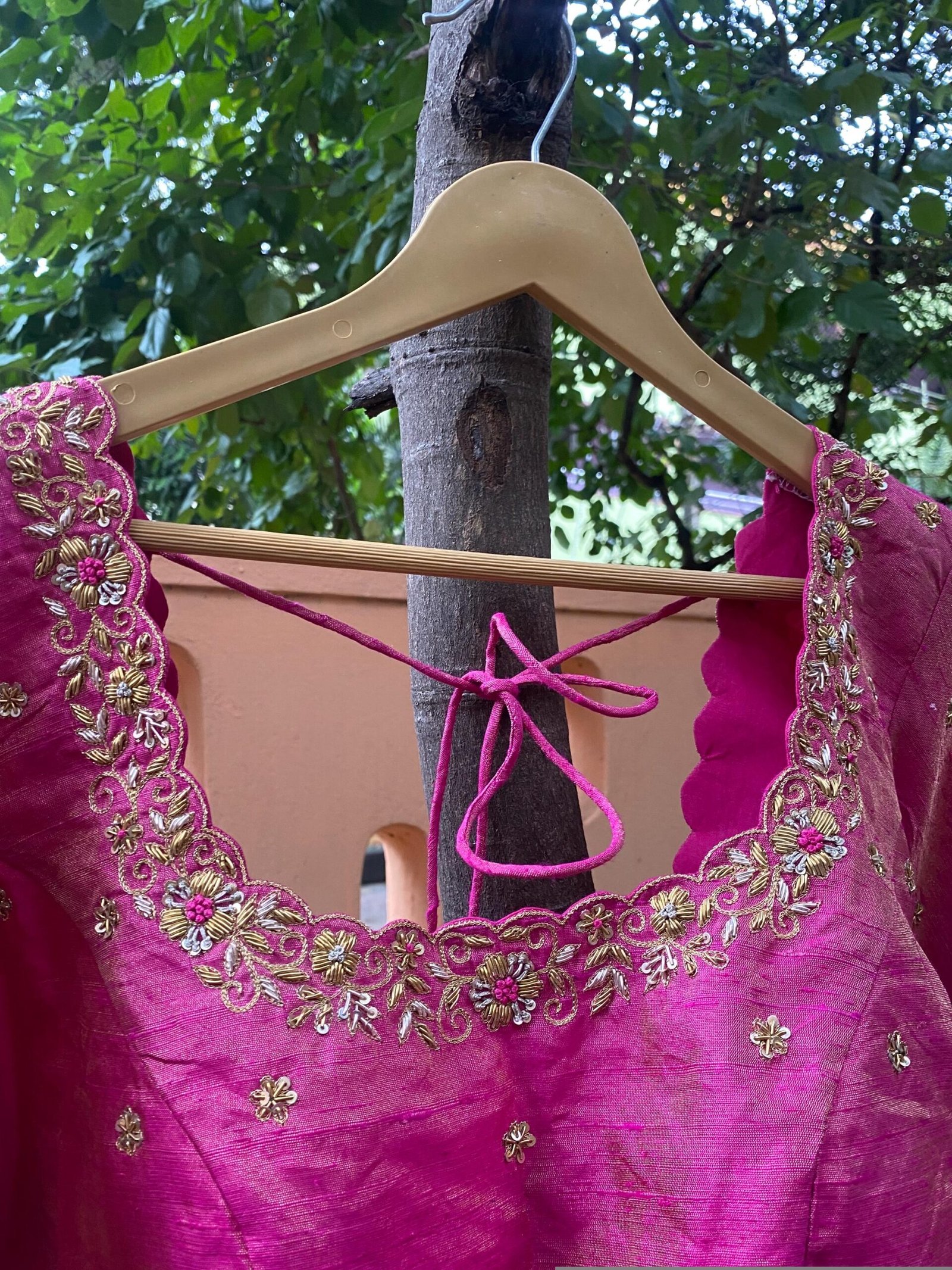 Pink Hand Embroidered Silk Blouse: Zardosi Saree Crop Top